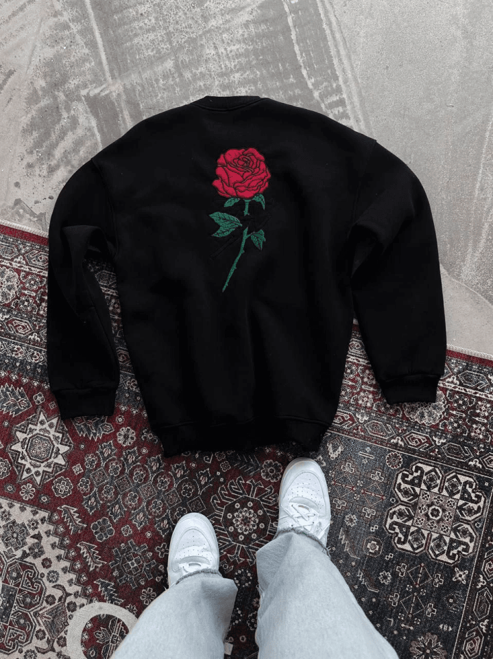 Oversize Üç İplik Bisiklet Yaka Baskılı SweatShirt - Siyah — görsel 1/4