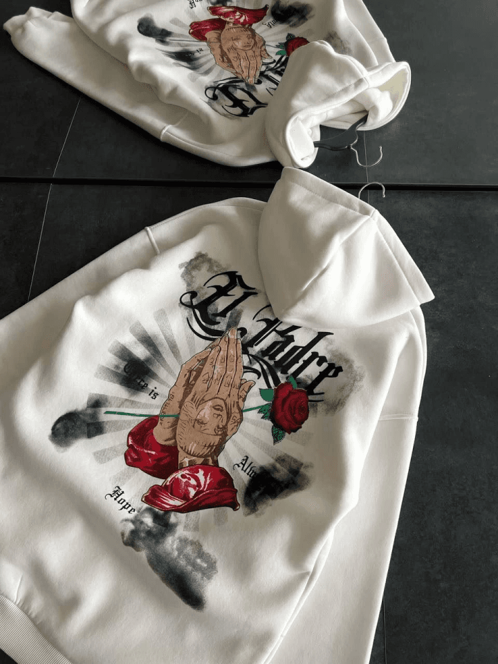 Üç İplik Penye Uzun Kol Kapşonlu Baskılı SweatShirt - Beyaz — görsel 1/2