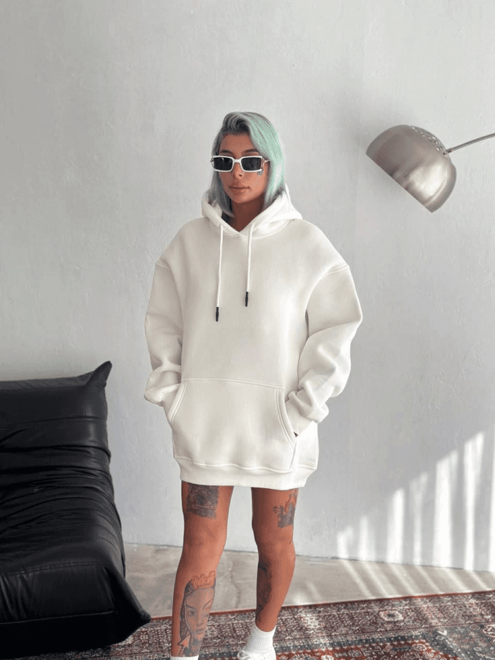 Kapşonlu Üç İplik Penye Basic SweatShirt - Beyaz — görsel 1/2