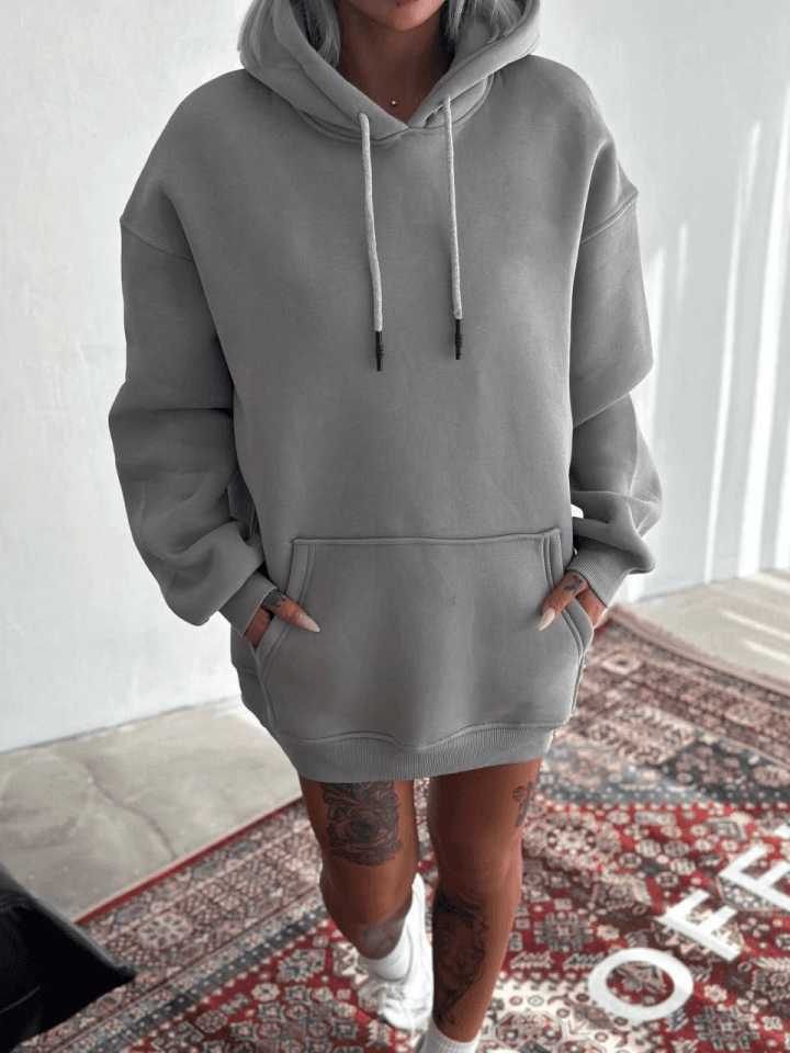 Kapşonlu Üç İplik Penye Basic SweatShirt - Boyalı Gri — görsel 1/2