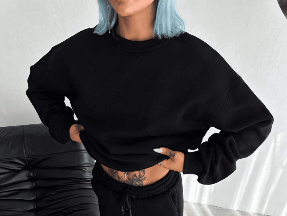 Kışlık Bisiklet Yaka Üç İplik Basic SweatShirt - Siyah — görsel 1/4