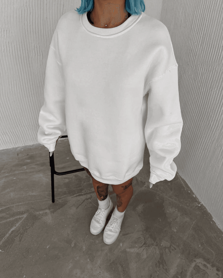 Kışlık Bisiklet Yaka Üç İplik Basic SweatShirt - Beyaz — görsel 1/2