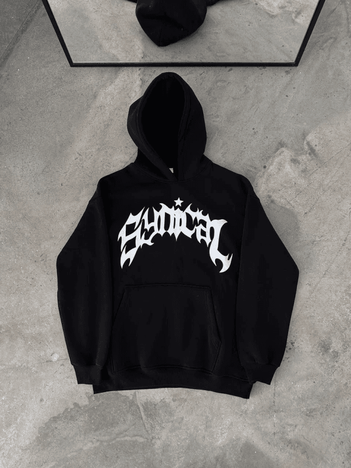 Üç İplik Kapşonlu Baskılı Oversize SweatShirt- Siyah — görsel 1/2