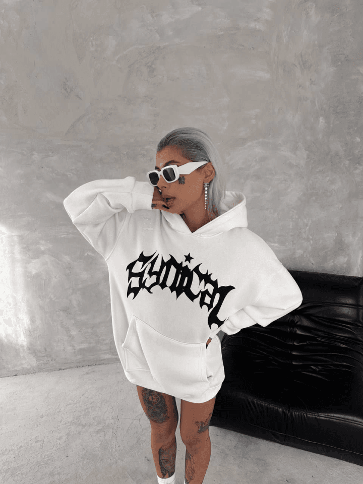 Unisex Üç İplik Kapşonlu Baskılı SweatShirt - Beyaz — görsel 1/3