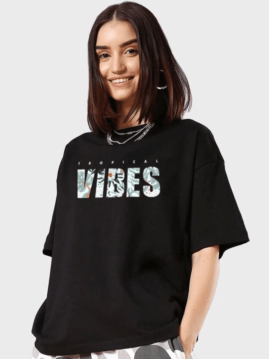 Baskılı Oversize T-shirt - Siyah