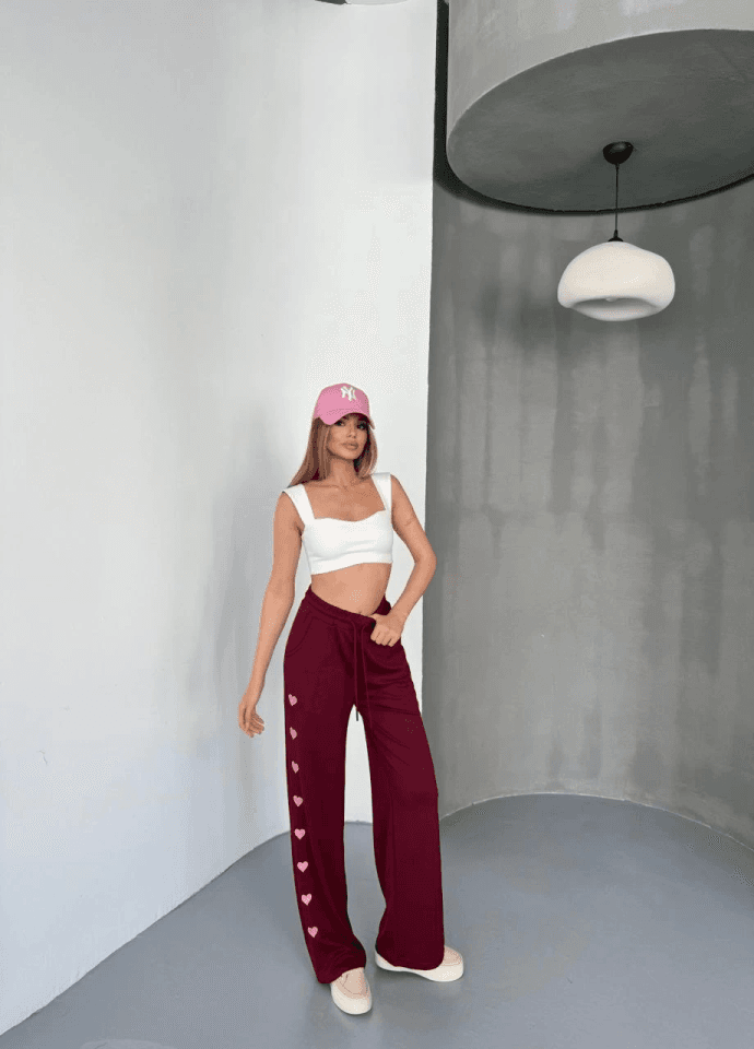 Osy Modal Yumuşak Dokulu Kumaş Nakış Işlemeli Rahat Bol Paça Eşofman Pantalon - Bordo — görsel 1/3