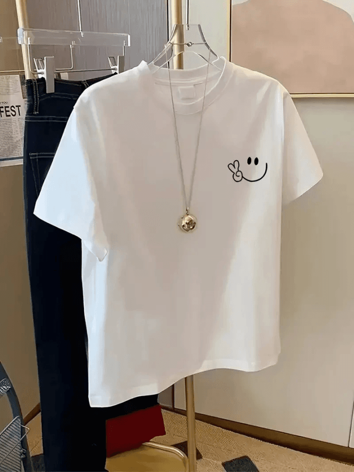 Baskılı Oversize Bisiklet Yaka T-shirt - Beyaz