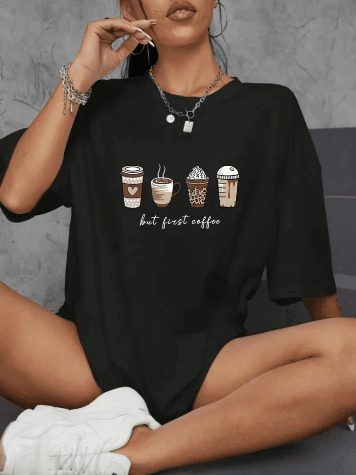 Baskılı Oversize Bisiklet Yaka T-shirt - Siyah — görsel 1/4