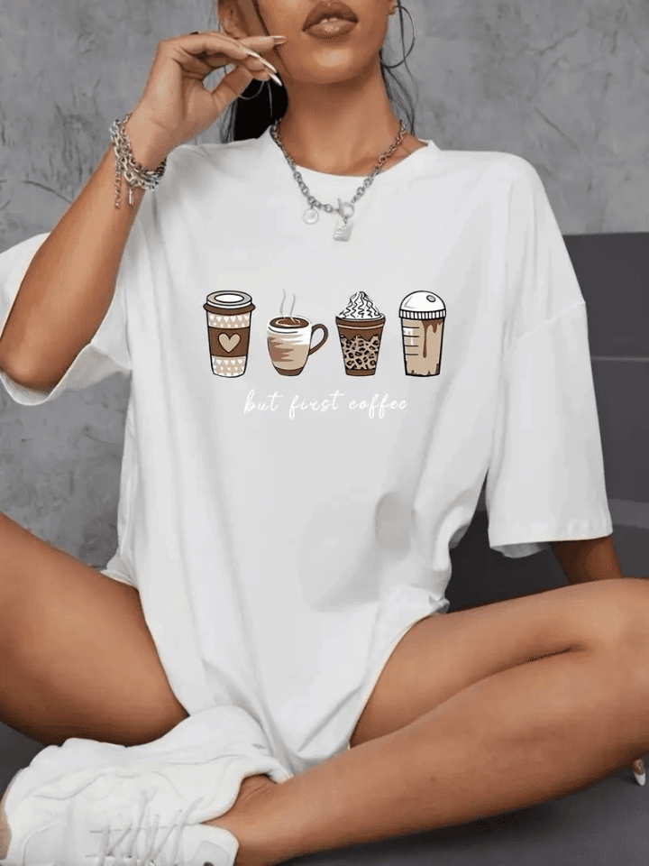 Baskılı Oversize Bisiklet Yaka T-shirt - Beyaz — görsel 1/4