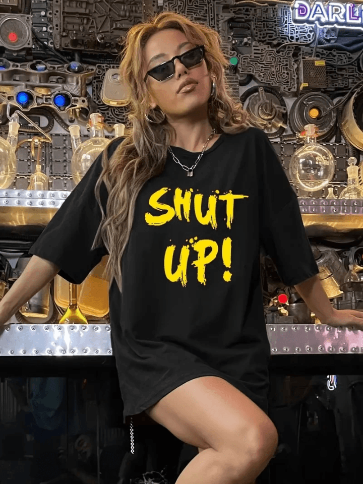 Baskılı Oversize Bisiklet Yaka T-shirt - Siyah