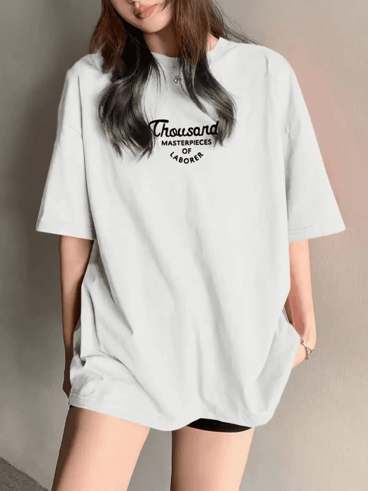 Thousand Baskılı Oversize Bisiklet Yaka T-shirt - Beyaz — görsel 1/3