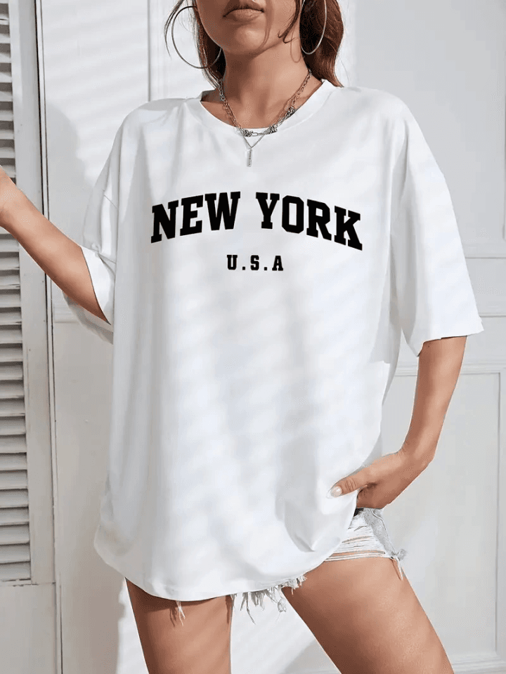 New York Baskılı Oversize Bisiklet Yaka T-shirt - Beyaz — görsel 1/4
