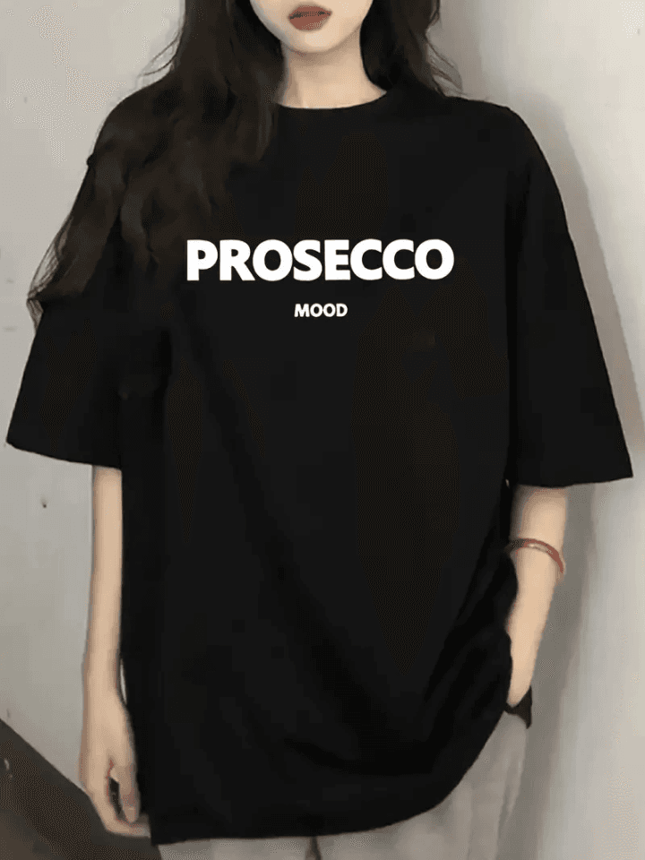 Baskılı Oversize Bisiklet Yaka T-shirt - Siyah