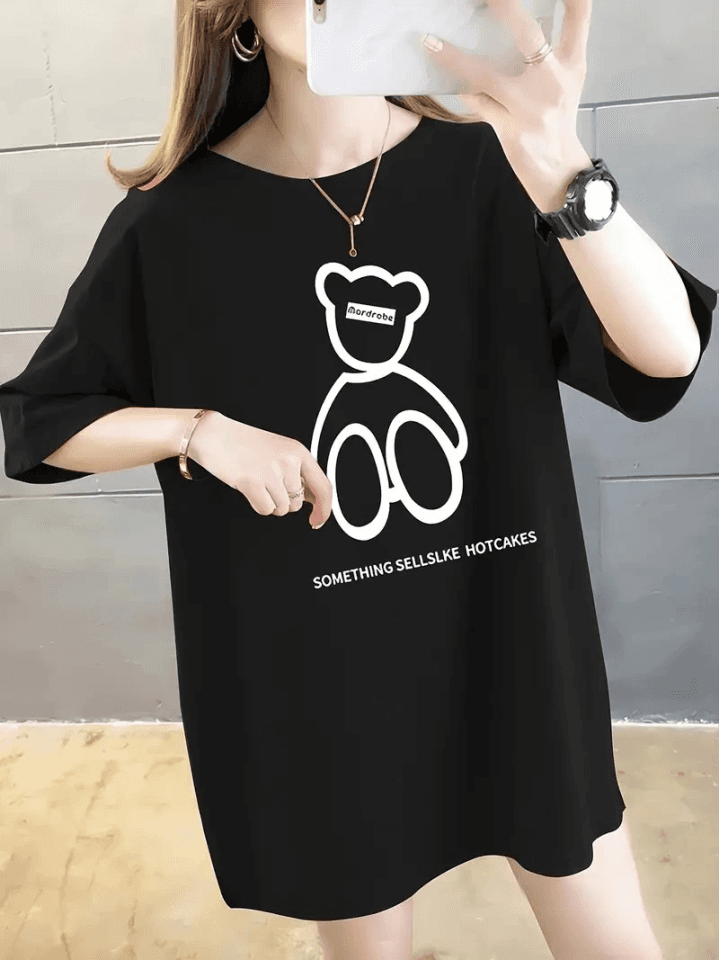 Baskılı Oversize Bisiklet Yaka T-shirt - Siyah — görsel 1/4
