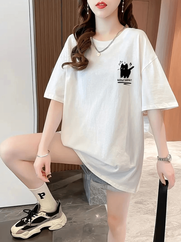 Baskılı Oversize Bisiklet Yaka T-shirt - Beyaz — görsel 1/2