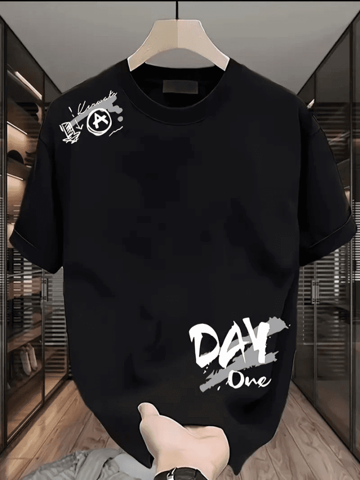 Baskılı Oversize Bisiklet Yaka T-shirt - Siyah — görsel 1/4