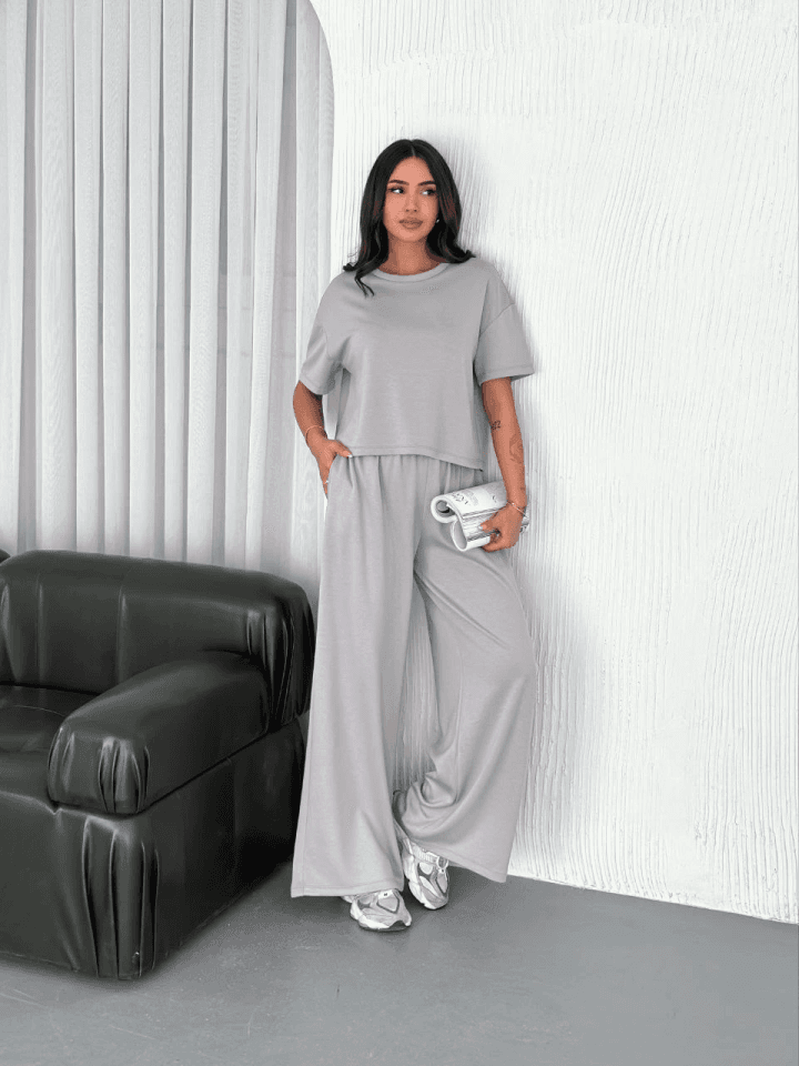 Osy Modal Yumuşak Dokulu Kumaş Bisiklet Yaka T-shirt Bol Paça Pantalon Ikili Takım - Boyalı Gri — görsel 1/4