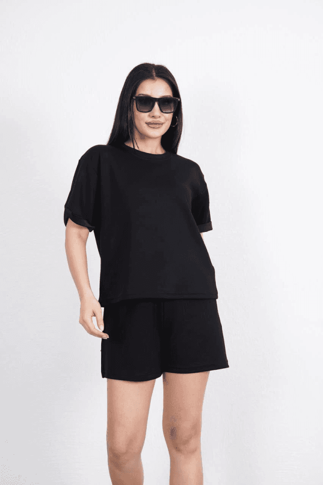 Osy Modal Yumuşak Dokulu Kumaş Bisiklet Yaka T-shirt Kısa Şort İkili Takım - Siyah — görsel 1/3