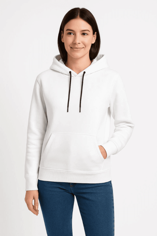 Üç İplik Kapüşonlu Kanguru Çepli SweatShirt Hoodie - Beyaz — görsel 1/4