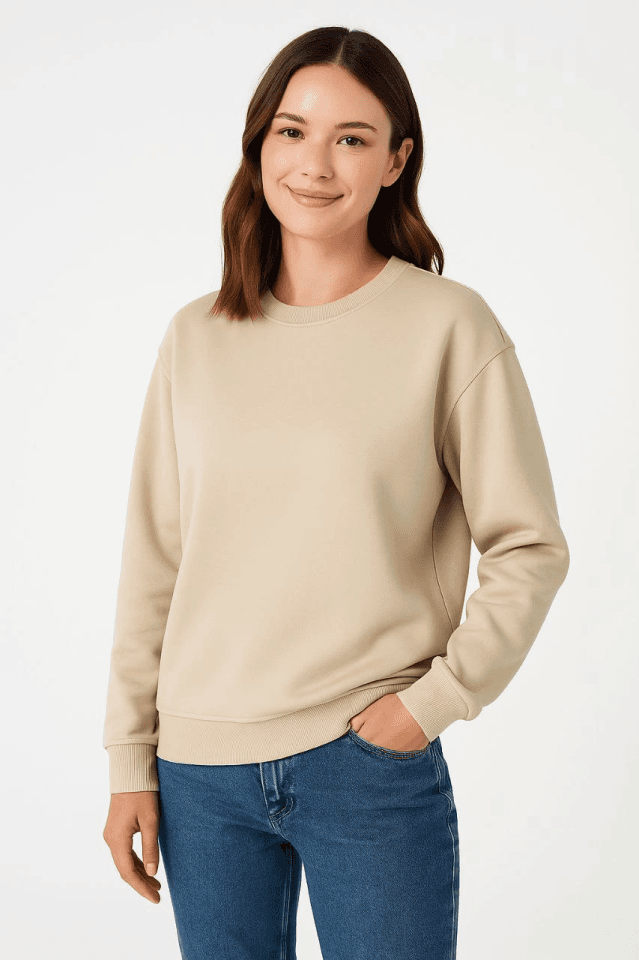 Üç İplik Düz Bisiklet Yaka SweatShirt - Bej — görsel 1/2