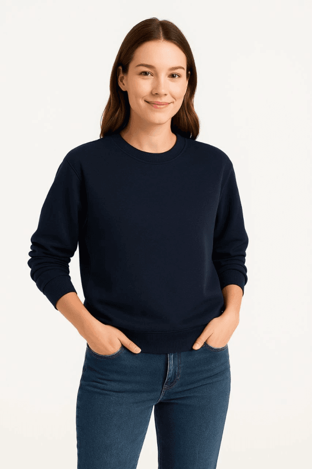 Üç İplik Düz Bisiklet Yaka SweatShirt - Lacivert