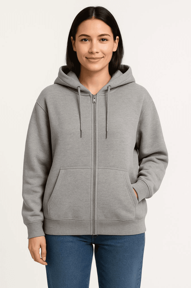 Üç İplik Kapüşonlu Tam Fermuarlı Kanguru Çepli SweatShirt Hoodie - Gri — görsel 1/2