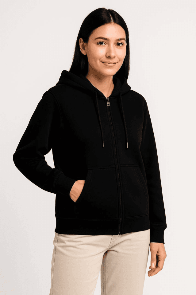 Üç İplik Kapüşonlu Tam Fermuarlı Kanguru Çepli SweatShirt Hoodie - Siyah — görsel 1/4