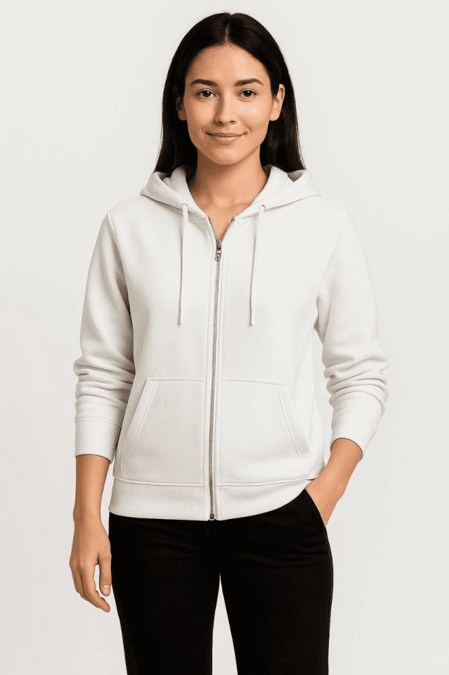 Üç İplik Kapüşonlu Tam Fermuarlı Kanguru Çepli SweatShirt Hoodie - Beyaz — görsel 1/4