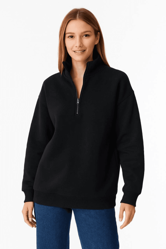 Üç İplik Dık Yaka Yarım Fermuarlı SweatShirt - Siyah