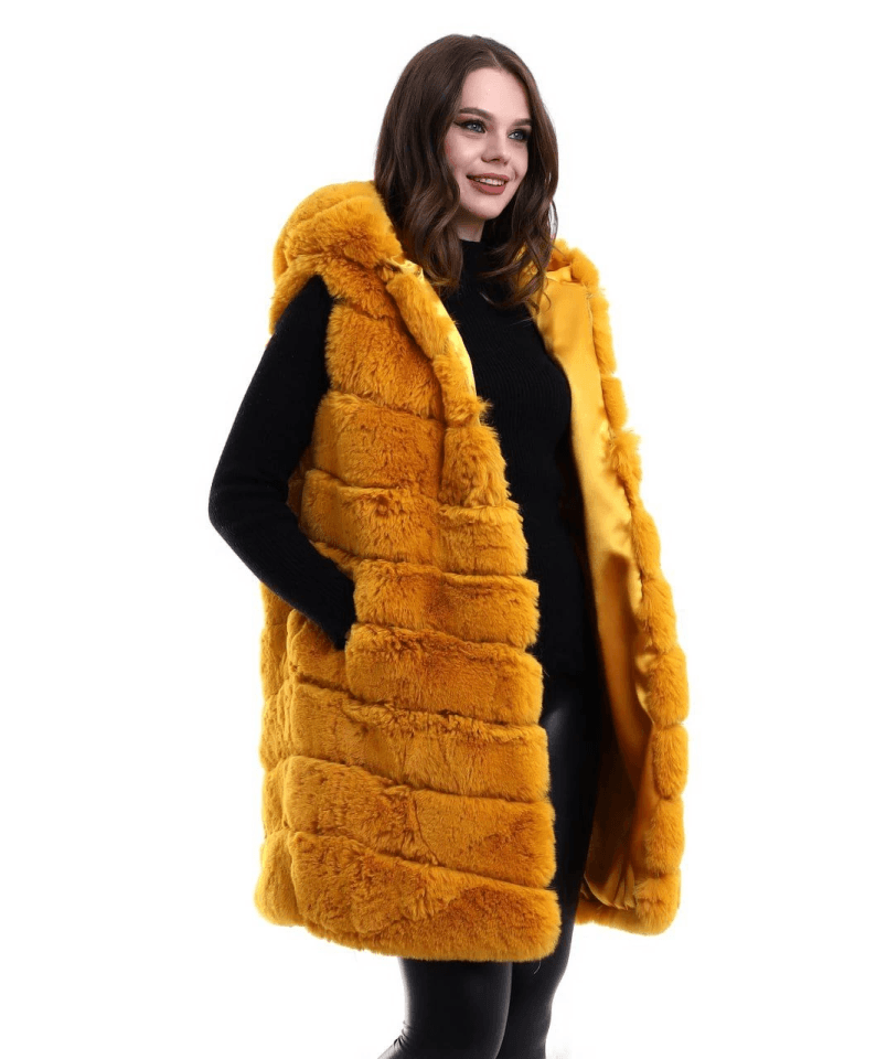 Kapşonlu Peluş Kürk Yelek Premium Kalite, Tam Astarlı, Uzun Model - Sarı — görsel 1/4