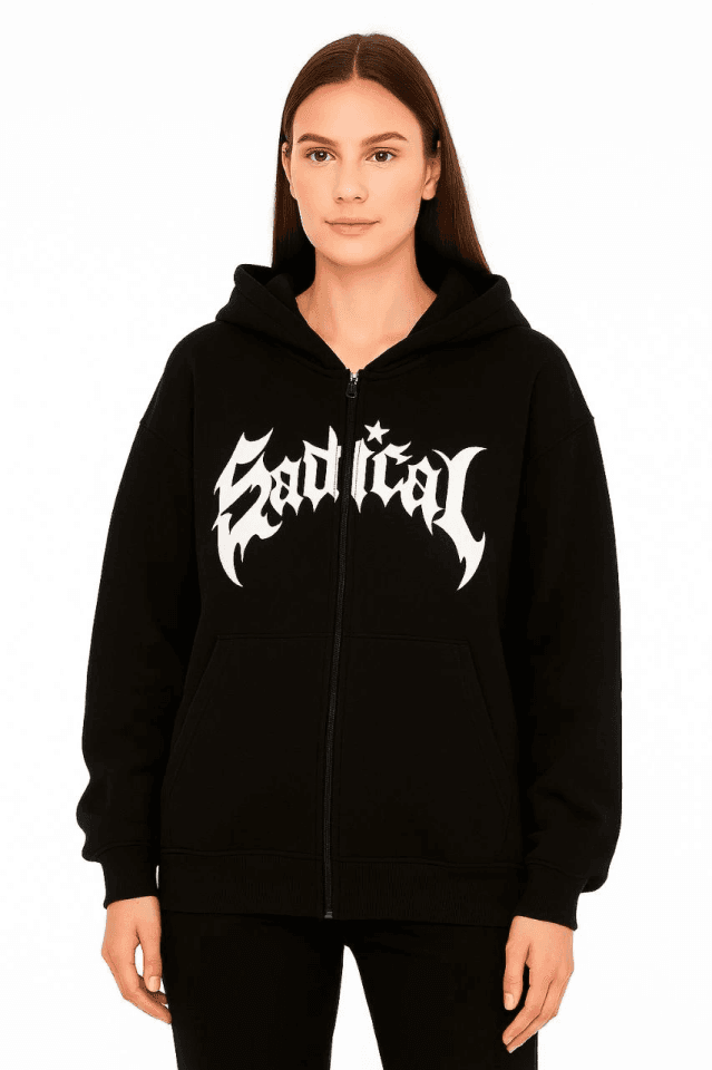 Oversize Kapüşonlu Sweatshirt Hoodie 3 İplik Şardonlu Pamuklu Kumaş, Önü Baskılı, Fermuarlı Rahat Kalıp, Kışlık Ve Sokak Stili Sweat - Siyah — görsel 1/4
