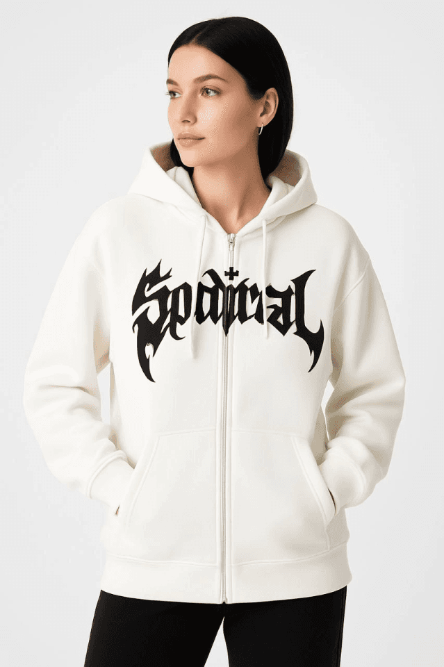 Oversize Kapüşonlu Sweatshirt Hoodie 3 İplik Şardonlu Pamuklu Kumaş, Önü Baskılı, Fermuarlı Rahat Kalıp, Kışlık Ve Sokak Stili Sweat - Beyaz — görsel 1/4