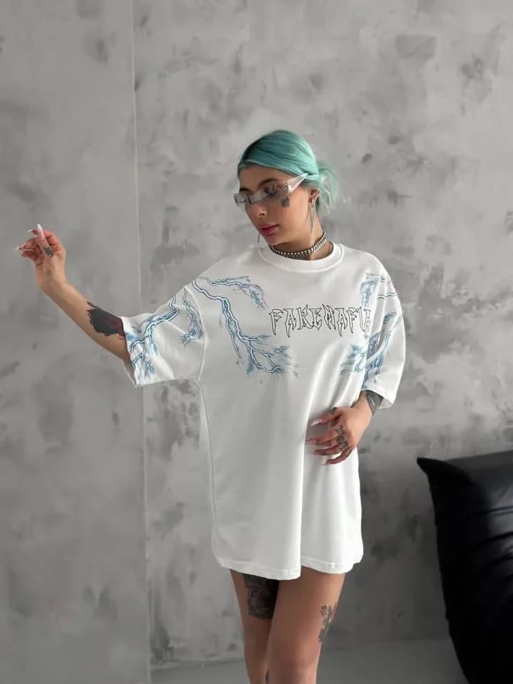 Unisex Bisiklet Yaka Baskılı Oversize T-Shirt - Beyaz — görsel 1/2