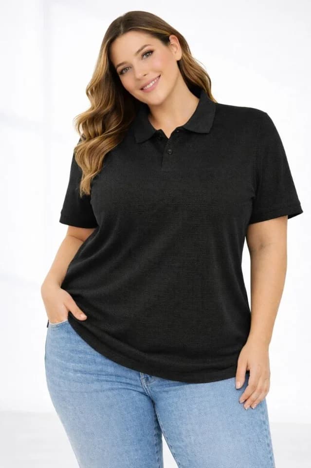 Pike Kumaş Düğmeli Yaka Battal Büyük Beden Günlük Kısa Kol Tişört T-shirt - Siyah — görsel 1/4