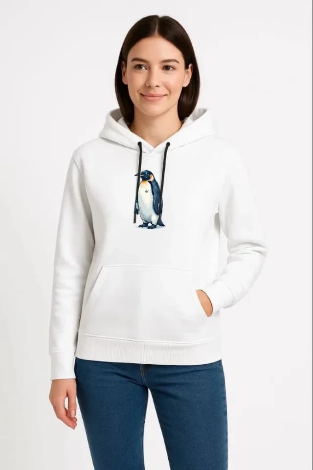 Oversize Hoodie - Sırt Baskılı Survivor Penguin Temalı, Felsefi Yazılı Kapüşonlu Sweatshirt - Beyaz — görsel 1/2