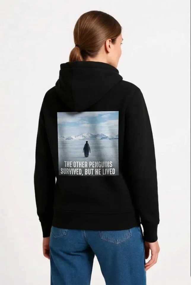 Oversize Hoodie - Sırt Baskılı Survivor Penguin Temalı, Felsefi Yazılı Kapüşonlu Sweatshirt - Siyah — görsel 1/2