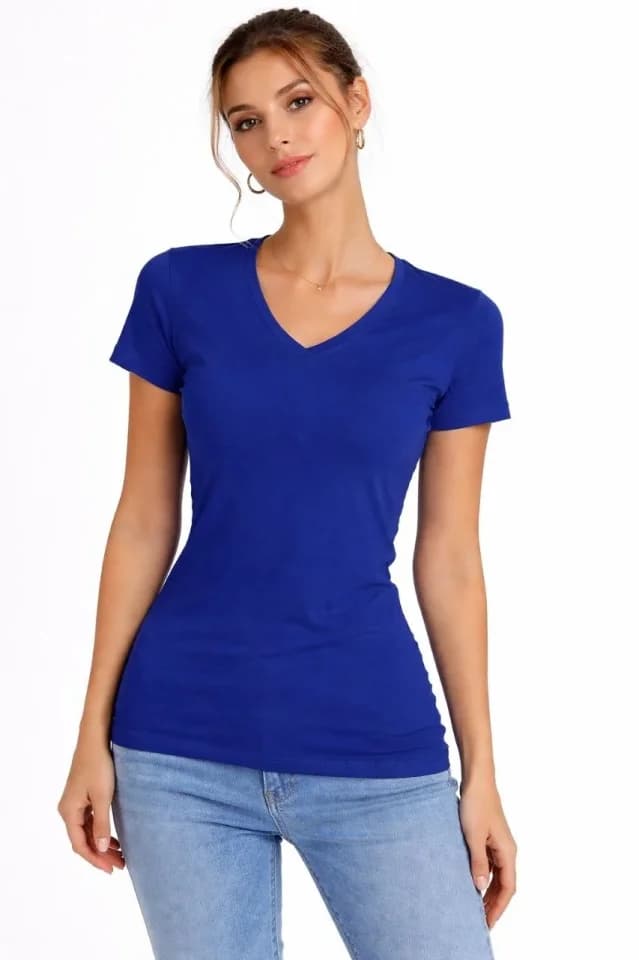 T-Shirt V Yaka Slim Fit Likralı Tişört Günlük Basic Body - İndigo — görsel 1/3