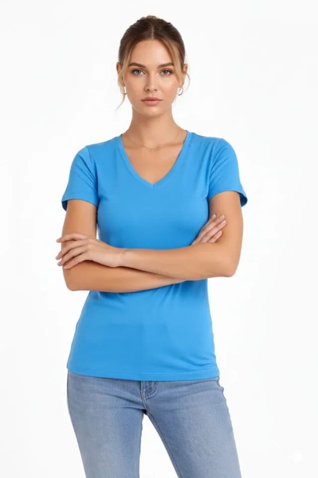 T-Shirt V Yaka Slim Fit Likralı Tişört Günlük Basic Body - Açık Mavi — görsel 1/4
