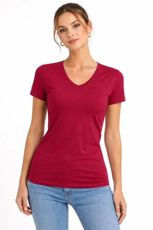 T-Shirt V Yaka Slim Fit Likralı Tişört Günlük Basic Body - Bordo — görsel 1/4