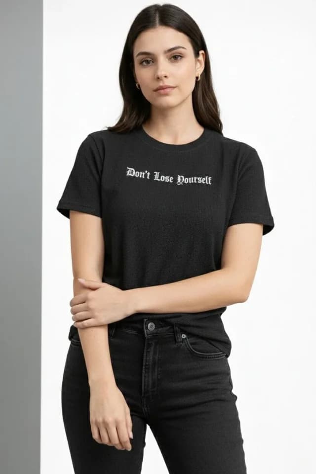 Wafıl Kumaş Tişört Regular Kalıp Bisiklet Yaka Baskılı Günlük Basic T-Shirt - Siyah — görsel 1/4
