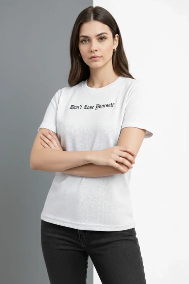 Wafıl Kumaş Tişört Regular Kalıp Bisiklet Yaka Baskılı Günlük Basic T-Shirt - Beyaz — görsel 1/4