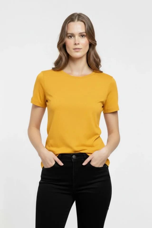 T-Shirt Bisiklet Yaka Slim Fit Likralı Tişört Günlük Basic Body - Sarı — görsel 1/3