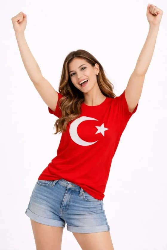 T-Shirt Kısa Kol Bisiklet Yaka Ay Yıldız Bayrak Baskılı Tişört - Kırmızı — görsel 1/4