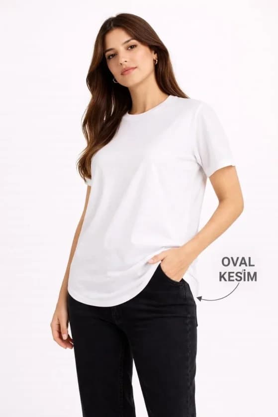Basic T-Shirt Kısa Kol Bisiklet Yaka Oval Kesim Tişört - Beyaz — görsel 1/3