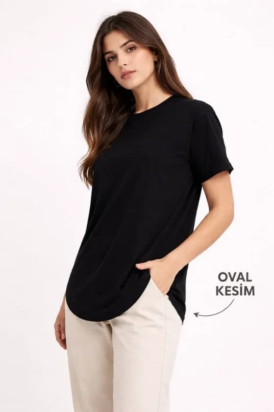 Basic T-Shirt Kısa Kol Bisiklet Yaka Oval Kesim Tişört - Siyah