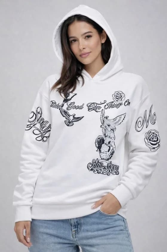 3 İplik Pamuklu Kapüşonlu Baskılı SweatShirt Hoodie - Beyaz — görsel 1/3