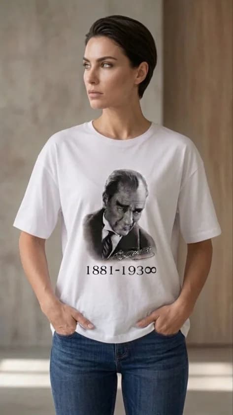 Atatürk Baskılı Tişört Kısa Kollu Bisiklet Yaka T-Shirt - Beyaz — görsel 1/3