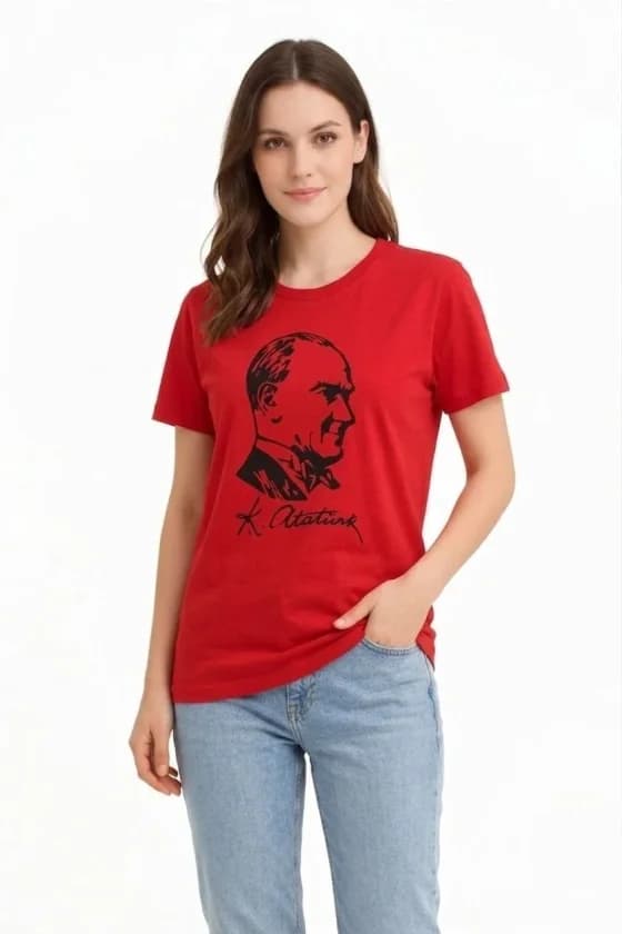 Atatürk Baskılı Tişört Kısa Kollu Bisiklet Yaka T-Shirt - Kırmızı — görsel 1/3