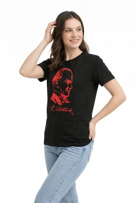 Atatürk Baskılı Tişört Kısa Kollu Bisiklet Yaka T-Shirt - Siyah — görsel 1/3