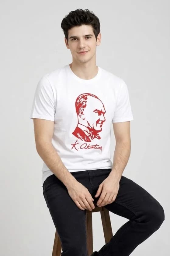 Erkek Atatürk Baskılı Tişört Kısa Kollu Bisiklet Yaka T-Shirt - Beyaz — görsel 1/3